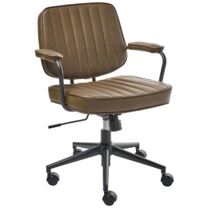 Chaise de bureau Beliani Berne marron en similicuir avec accoudoirs rembourrés et roulettes, style rétro.
