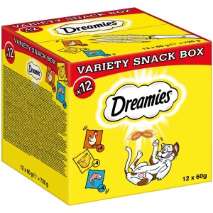 Dreamies Mixbox Katzensnacks, 12x60g Packung mit Huhn, Käse und Lachs.