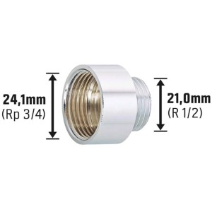 Riduttore filettato in ottone cromato, 21 (R 1/2) x 24,1 mm (R 3/4) per raccordi filettati.