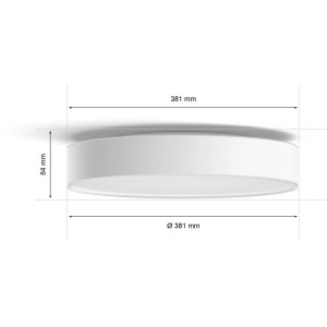 Weiße Philips Hue Enrave M Deckenleuchte mit Dimmer, 2400 lm, Maße eingezeichnet.