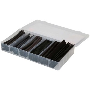 Boîte de gaines thermorétractables noires assorties de différentes tailles (longueur 100 mm) pour l'isolation des câbles.