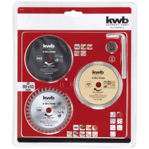 Set mini lame per sega circolare KWB, 5 pezzi, Ø 89mm, con lame HSS, HM e diamantate per vari materiali.