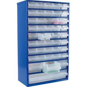 Armadio in acciaio LUX-TOOLS blu con 44 cassetti trasparenti in plastica per minuteria. Ideale per officina.