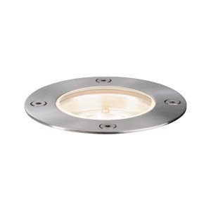 Faretto da incasso a pavimento rotondo Paulmann LED Plug & Shine in argento con luce bianca calda.