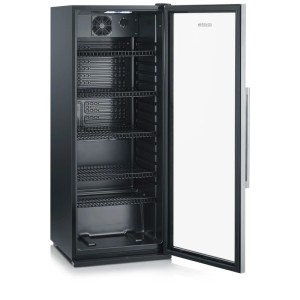 Severin Flaschenkühlschrank FKS 8841, Edelstahl/Schwarz, 237 l, mit offener Glastür und Metallgitterböden.