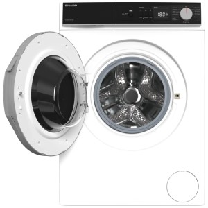 Lavatrice Sharp ES-NFA014BW1NA-CH bianca con oblò aperto e cestello, capacità 10 kg.
