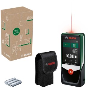 Bosch Laser-Entfernungsmesser AdvancedDistance 50 C mit Zubehör: Tasche, Batterien und Verpackung.