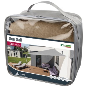 Voile d'ombrage triangulaire Windhager Capri emballée, 5x5x5 m, couleur roseau, protection UV pour terrasse et jardin.