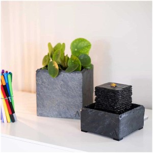 Climaqua Fontana da interno Shanti in ardesia naturale, 13x13x13 cm. Fontana decorativa fatta a mano con USB.