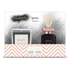Ipuro Geschenkset Time to Party mit schwarzer Duftkerze (125g) und Raumduft-Diffusor (50ml) mit rosegoldenem Verschluss.