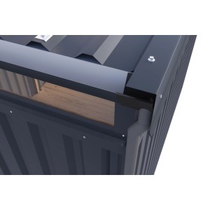 Détail abri de jardin en métal Karibu Argos 2 avec toit d'extension, aluminium gris, gouttière.