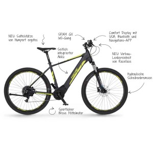 Schwarzes E-Bike MTB Montis 5.0i-S1 Herren 28,5'' mit gelben Akzenten.