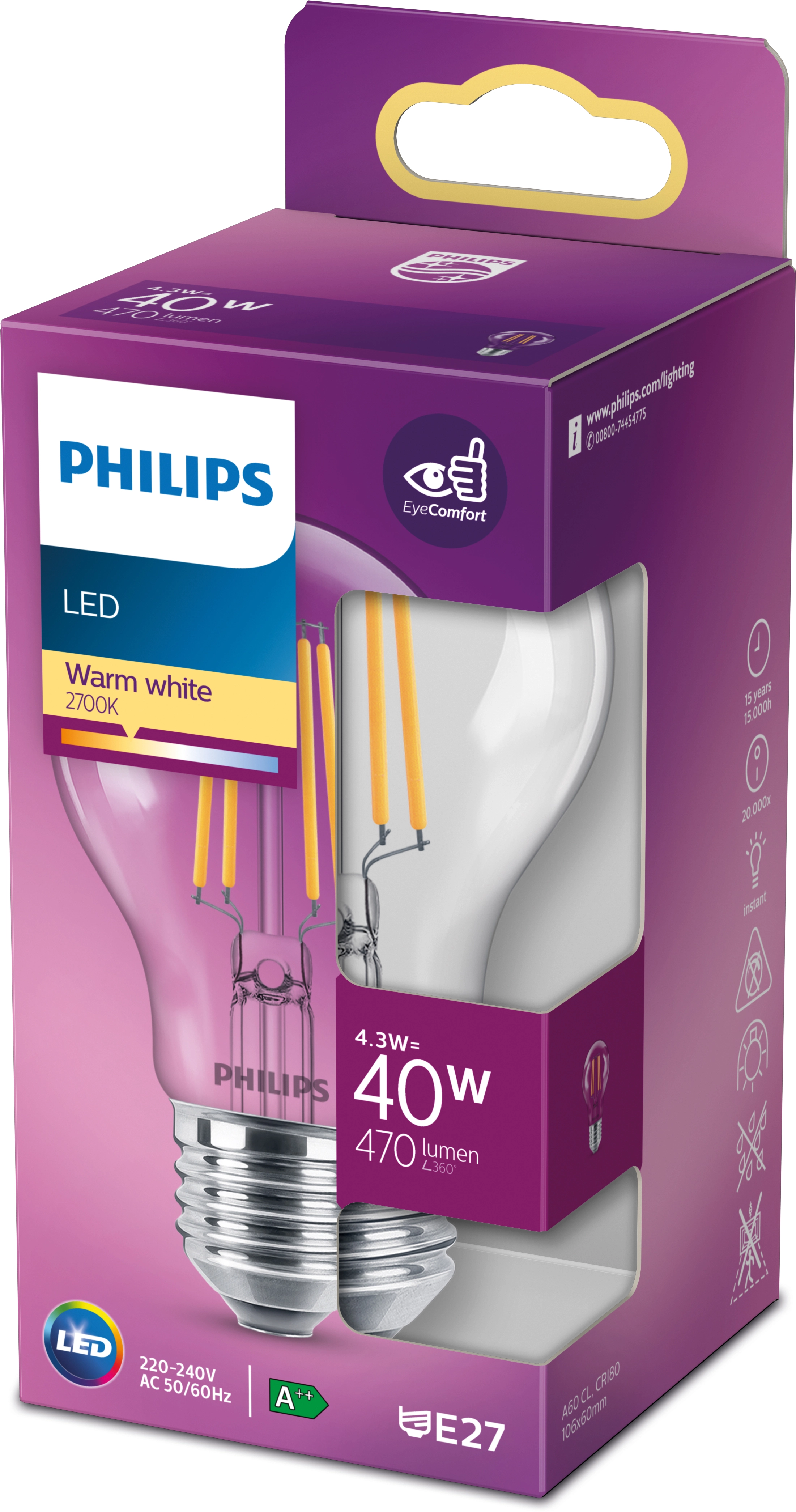 Philips Ampoule LED E27 Incolore de forme standard 40 W