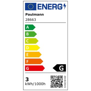 Energielabel für Paulmann LED-Leuchtmittel E14, 2,6W, Silber. Energieeffizienzklasse G.
