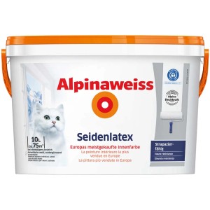 Eimer Alpinaweiss Seidenlatex, 10 Liter, Latexfarbe für Innenräume, seidenglänzend und strapazierfähig.