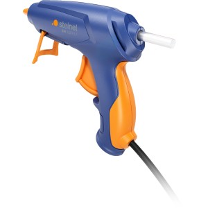 Pistolet à colle chaude Steinel GlueMatic 1007-LT, bleu-orange, avec bâtons de colle et boîte.