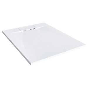 Receveur de douche Beliani Azzurro blanc en plastique SMC effet pierre, plat, surface texturée et bonde latérale.