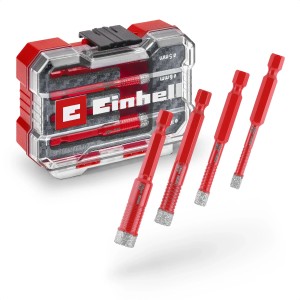 Set di punte per trapano diamantate per piastrelle Einhell, 4 pezzi, con set di punte rosse in custodia XS trasparente.