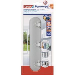 Tesa barre à crochets chromée auto-adhésive avec 4 Powerstrips Large, pour cuisine et salle de bain.