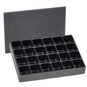 Schwarze RAKO Aufbewahrungsbox mit 24 Fächern und Schaumstoffeinlage.