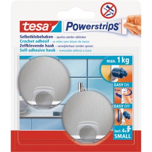 Tesa Crochets adhésifs en acier inoxydable, lot de 2 avec Powerstrips, supporte jusqu'à 1 kg.