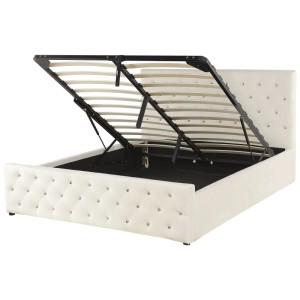 Beliani Bett Amiens, beige, 160x200 cm mit Stauraum unter hochgeklapptem Lattenrost.