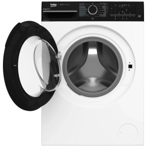 Lave-linge séchant Beko WT310 blanc avec porte ouverte, capacité 8/5 kg. Design moderne à chargement frontal.
