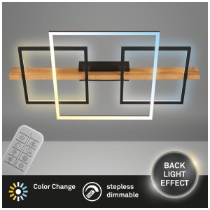 Plafonnier LED dimmable avec 3 éléments métalliques, base en bois et télécommande.