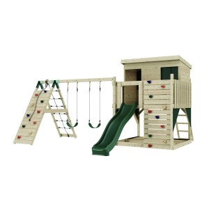PolarPlay Torre gioco Aksel, verde scuro, con altalena, scivolo e parete da arrampicata. Torre gioco in legno per bambini.