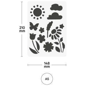 Transparente Design-Schablone mit Sonne, Wolken, Blumen und Schmetterling für Kinder.