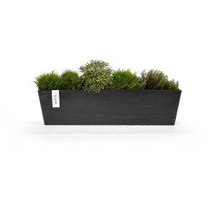 Jardinière Ecopots Brügge, gris foncé, 20x20x85 cm, plantée d'herbes et de graminées.