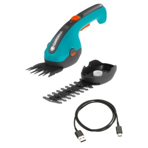 Set de cisailles à gazon et à arbustes sans fil Gardena ClassicCut Li avec lame à gazon, lame à arbustes et câble de chargement USB-C.