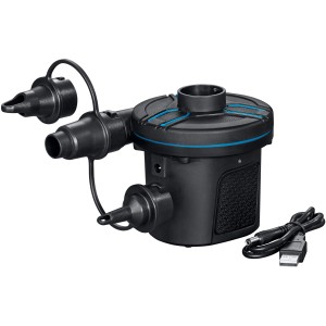 Pompa elettrica a batteria Bestway PowerTouch con adattatori e cavo USB per campeggio e accessori.