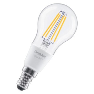 Lampadina Osram Smart+ E14, dimmerabile, 4W, forma a goccia. Lampada LED con effetto filamento.