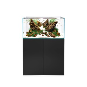 Oase ScaperLine 90 aquarium, 180 l, avec meuble noir et décoration aquascaping.