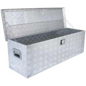 Geöffnete Transportbox VT165 aus Aluminium mit Tragegriffen und Riffelblechmuster.