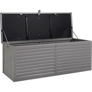 Box contenitore Salango in plastica grigia aperta, capacità 390 l, per giardino e balcone.
