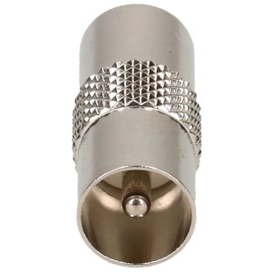 Adaptateur d'antenne métallique argenté avec poignée moletée, connecte câbles d'antenne.