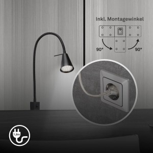 Lampe de chevet LED Briloner noire pivotante, lumière blanc chaud, avec options de montage.