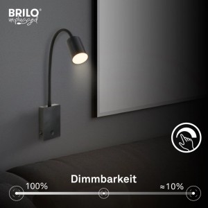 Schwarze Brilo Akku-LED-Wandleuchte Smooth mit flexiblem Arm, dimmbar, leuchtet warmweiß. Ideal als Leselicht.