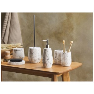 Set bagno 6 pezzi Dolomite bianco crema con dispenser sapone, scopino WC, portaspazzolino e contenitori.