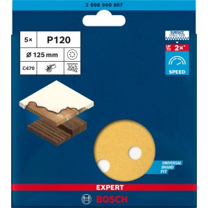 Disco abrasivo Bosch Expert C470 K120, 125mm, con 8 fori per levigatrice rotoorbitale.