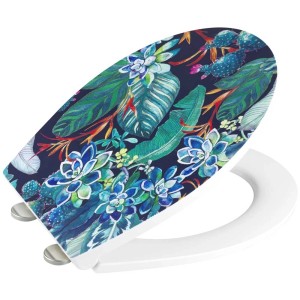 Wenko WC-Sitz Manaus Duroplast con motivo vegetale colorato e chiusura ammortizzata.