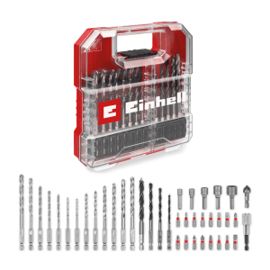 Set punte e inserti Einhell 40 pz per legno, pietra, metallo in valigetta L-CASE rossa trasparente.