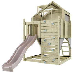 Cabane sur pilotis OutdoorToys Meteorit Rose avec toboggan et mur d'escalade.