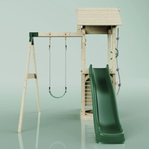 Torre gioco PolarPlay Göteborg con altalena, scivolo verde, in legno.