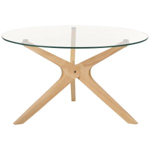 Table basse Beliani Valley avec plateau rond en verre et pieds en bois clair.