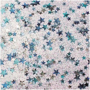 Glitzerkleber mit blauen und silbernen Sternen und Konfetti für Bastelarbeiten.