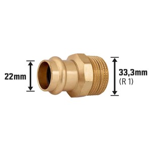Raccordo a pressare in bronzo rosso, 22 mm x 33,3 mm (R 1) per tubi in rame.