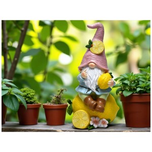 Bunter Deko-Wichtel mit Zitrone, 25 cm, aus Polyresin für die Gartendekoration.